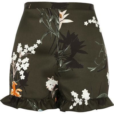 Khaki floral print frill hem shorts